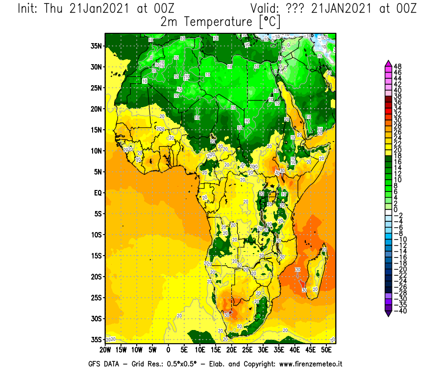 Mappa di analisi GFS - Temperatura a 2 metri dal suolo [°C] in Africa
							del 21/01/2021 00 <!--googleoff: index-->UTC<!--googleon: index-->