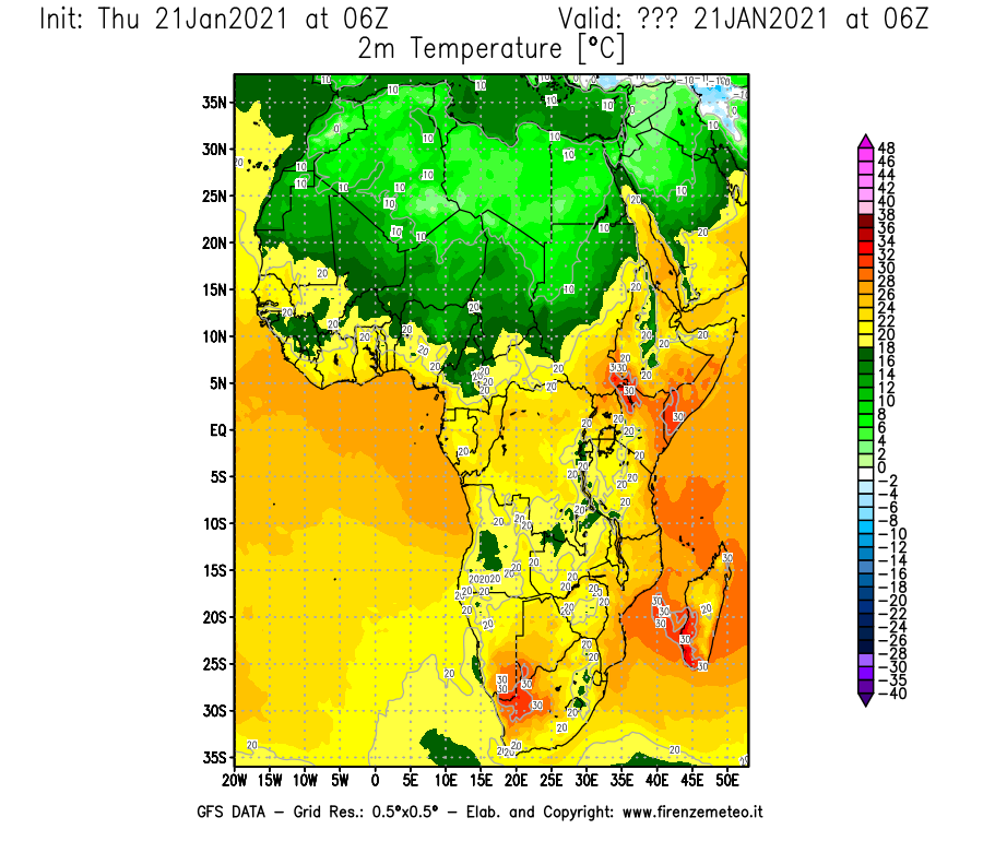 Mappa di analisi GFS - Temperatura a 2 metri dal suolo [°C] in Africa
							del 21/01/2021 06 <!--googleoff: index-->UTC<!--googleon: index-->