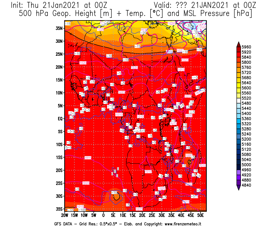 Mappa di analisi GFS - Geopotenziale [m] + Temp. [°C] a 500 hPa + Press. a livello del mare [hPa] in Africa
							del 21/01/2021 00 <!--googleoff: index-->UTC<!--googleon: index-->