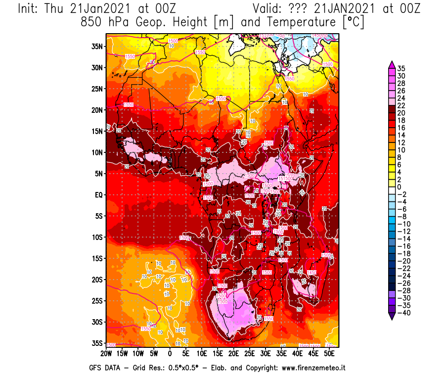 Mappa di analisi GFS - Geopotenziale [m] e Temperatura [°C] a 850 hPa in Africa
							del 21/01/2021 00 <!--googleoff: index-->UTC<!--googleon: index-->