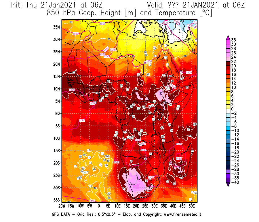 Mappa di analisi GFS - Geopotenziale [m] e Temperatura [°C] a 850 hPa in Africa
							del 21/01/2021 06 <!--googleoff: index-->UTC<!--googleon: index-->