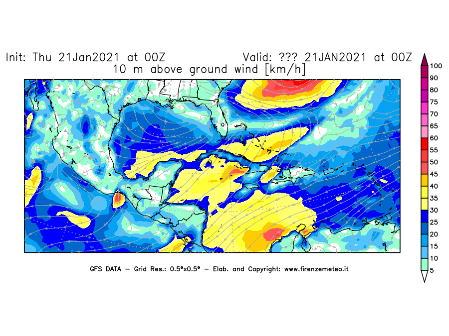 Mappa di analisi GFS - Velocità del vento a 10 metri dal suolo [km/h] in Centro-America
							del 21/01/2021 00 <!--googleoff: index-->UTC<!--googleon: index-->