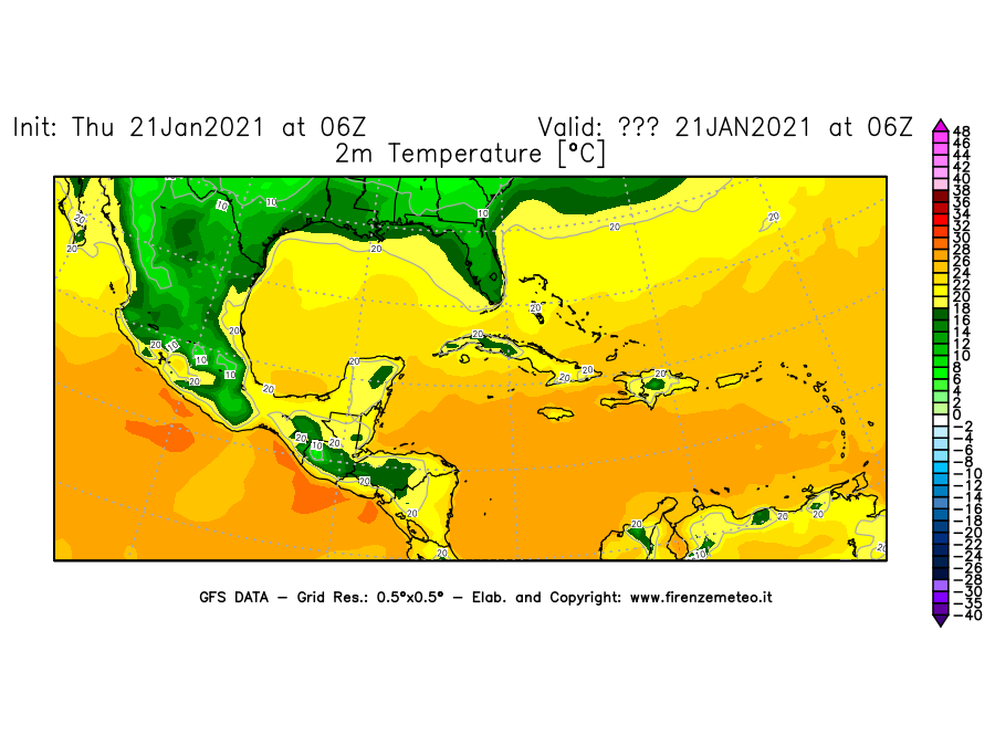 Mappa di analisi GFS - Temperatura a 2 metri dal suolo [°C] in Centro-America
							del 21/01/2021 06 <!--googleoff: index-->UTC<!--googleon: index-->