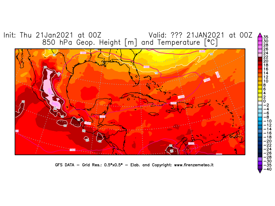 Mappa di analisi GFS - Geopotenziale [m] e Temperatura [°C] a 850 hPa in Centro-America
							del 21/01/2021 00 <!--googleoff: index-->UTC<!--googleon: index-->