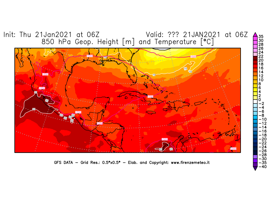 Mappa di analisi GFS - Geopotenziale [m] e Temperatura [°C] a 850 hPa in Centro-America
							del 21/01/2021 06 <!--googleoff: index-->UTC<!--googleon: index-->