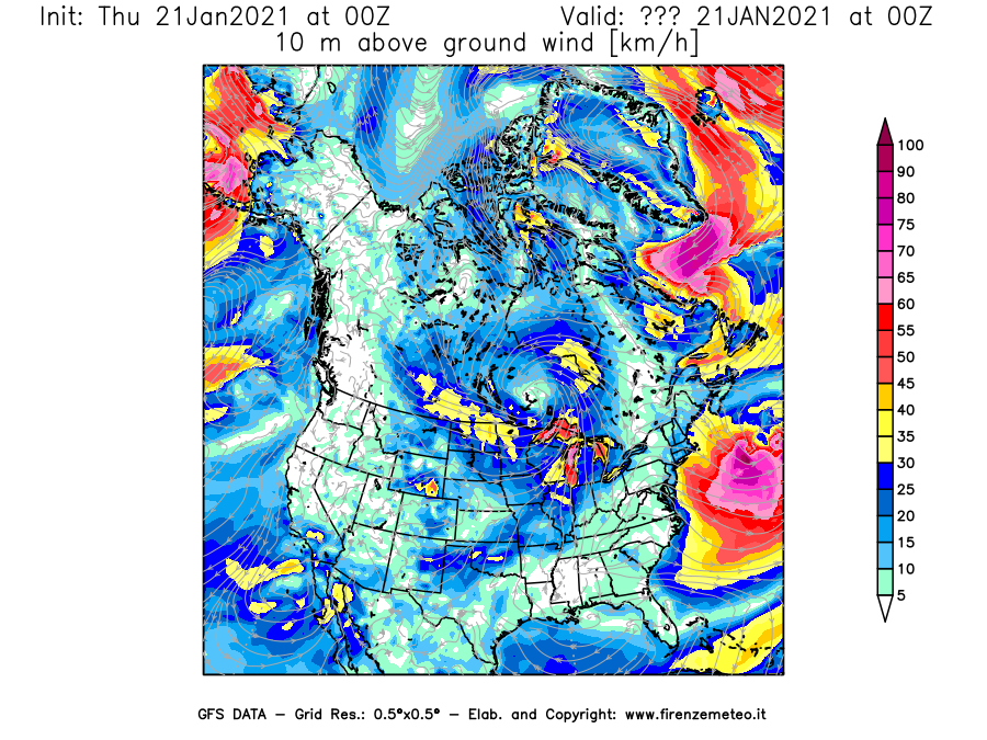 Mappa di analisi GFS - Velocità del vento a 10 metri dal suolo [km/h] in Nord-America
							del 21/01/2021 00 <!--googleoff: index-->UTC<!--googleon: index-->