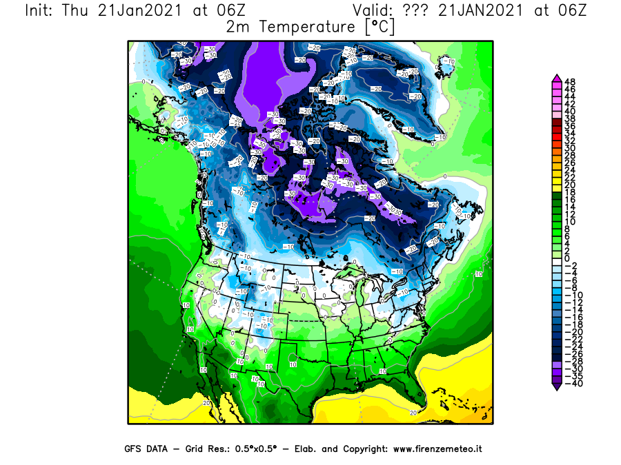Mappa di analisi GFS - Temperatura a 2 metri dal suolo [°C] in Nord-America
							del 21/01/2021 06 <!--googleoff: index-->UTC<!--googleon: index-->
