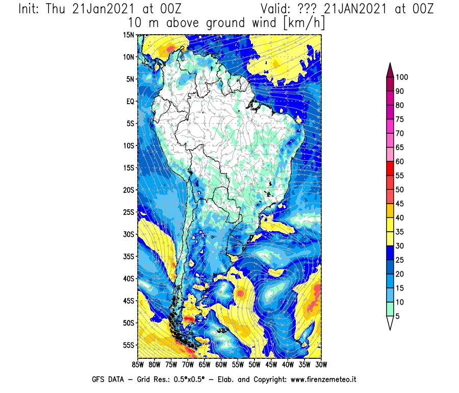 Mappa di analisi GFS - Velocità del vento a 10 metri dal suolo [km/h] in Sud-America
							del 21/01/2021 00 <!--googleoff: index-->UTC<!--googleon: index-->