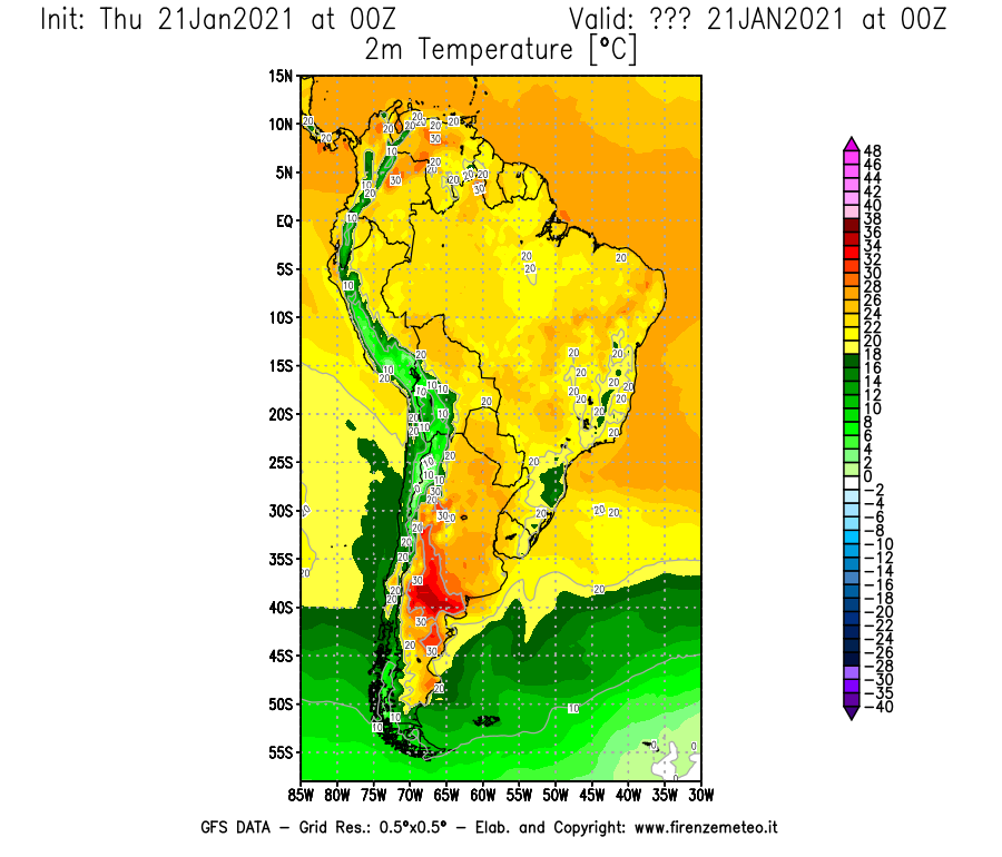 Mappa di analisi GFS - Temperatura a 2 metri dal suolo [°C] in Sud-America
							del 21/01/2021 00 <!--googleoff: index-->UTC<!--googleon: index-->