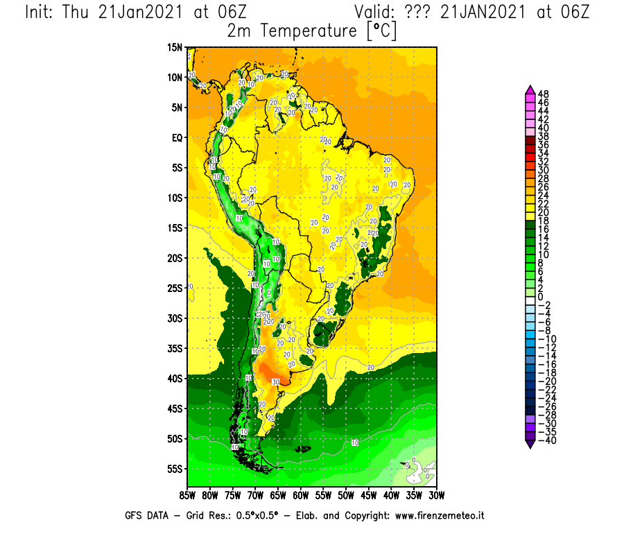 Mappa di analisi GFS - Temperatura a 2 metri dal suolo [°C] in Sud-America
							del 21/01/2021 06 <!--googleoff: index-->UTC<!--googleon: index-->