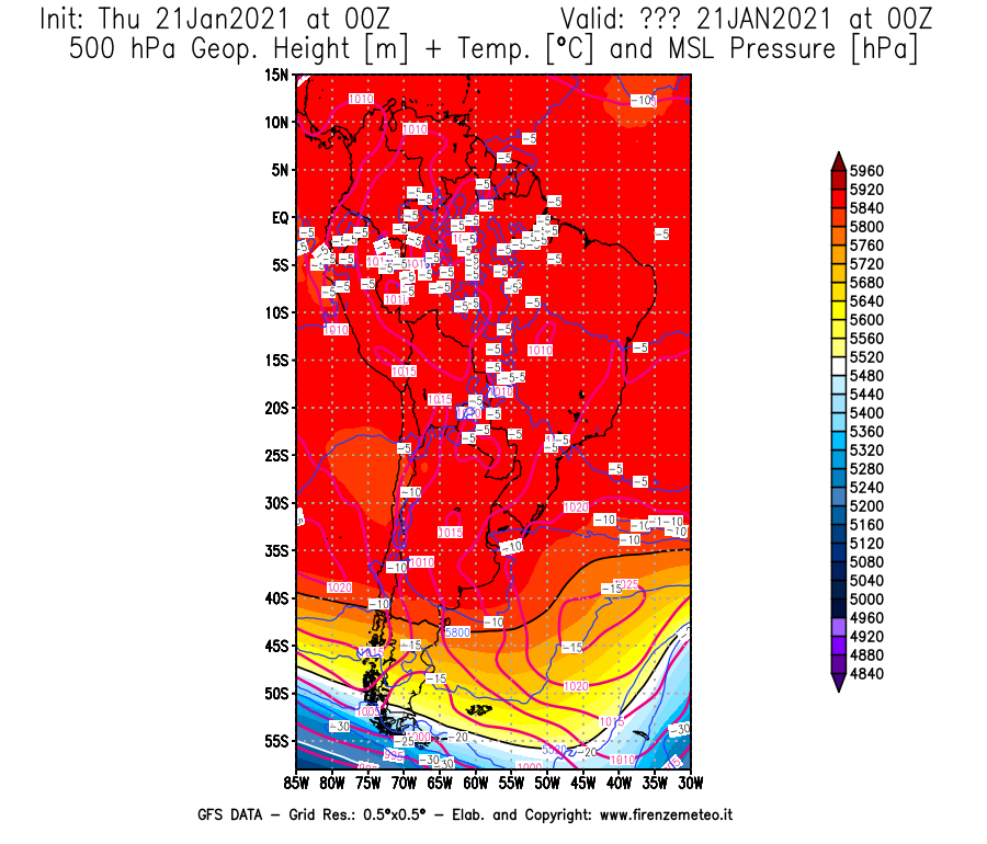 Mappa di analisi GFS - Geopotenziale [m] + Temp. [°C] a 500 hPa + Press. a livello del mare [hPa] in Sud-America
							del 21/01/2021 00 <!--googleoff: index-->UTC<!--googleon: index-->