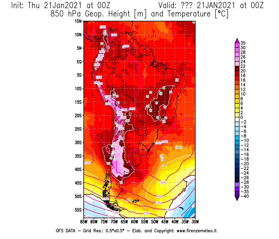 Mappa di analisi GFS - Geopotenziale [m] e Temperatura [°C] a 850 hPa in Sud-America
							del 21/01/2021 00 <!--googleoff: index-->UTC<!--googleon: index-->