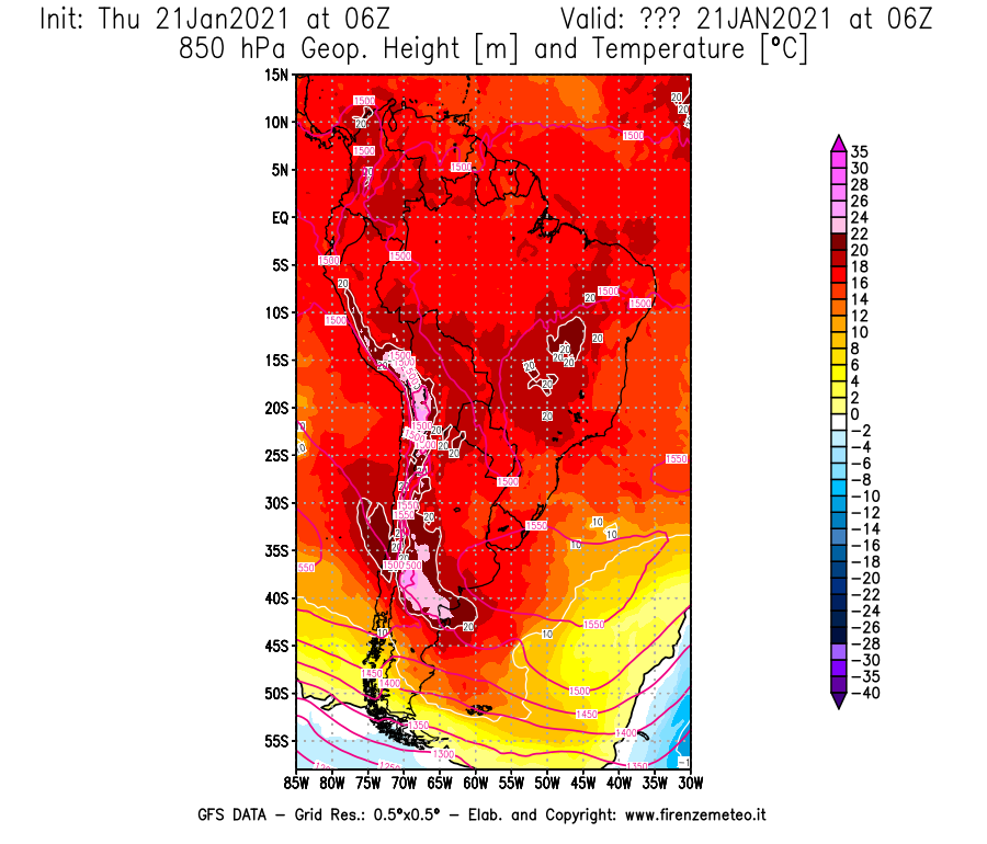 Mappa di analisi GFS - Geopotenziale [m] e Temperatura [°C] a 850 hPa in Sud-America
							del 21/01/2021 06 <!--googleoff: index-->UTC<!--googleon: index-->