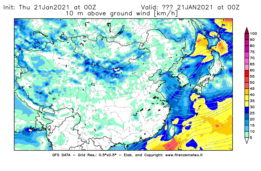 Mappa di analisi GFS - Velocità del vento a 10 metri dal suolo [km/h] in Asia Orientale
							del 21/01/2021 00 <!--googleoff: index-->UTC<!--googleon: index-->