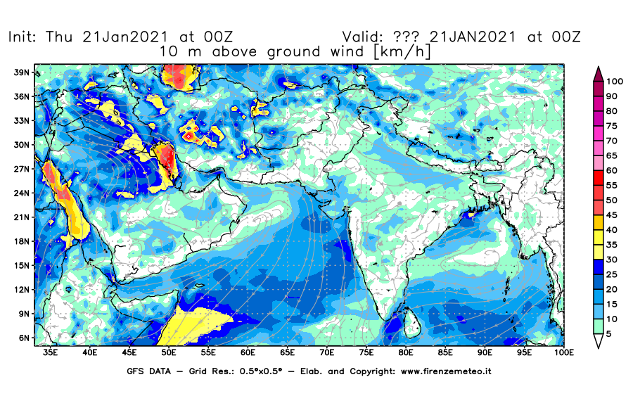 Mappa di analisi GFS - Velocità del vento a 10 metri dal suolo [km/h] in Asia Sud-Occidentale
							del 21/01/2021 00 <!--googleoff: index-->UTC<!--googleon: index-->