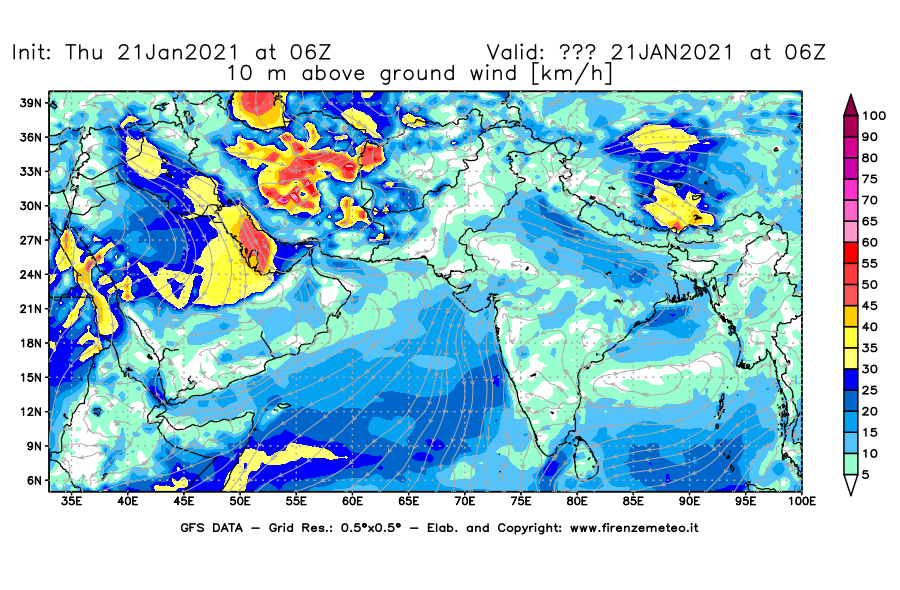 Mappa di analisi GFS - Velocità del vento a 10 metri dal suolo [km/h] in Asia Sud-Occidentale
							del 21/01/2021 06 <!--googleoff: index-->UTC<!--googleon: index-->