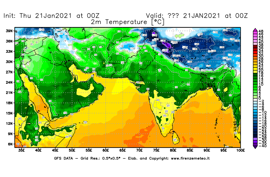 Mappa di analisi GFS - Temperatura a 2 metri dal suolo [°C] in Asia Sud-Occidentale
							del 21/01/2021 00 <!--googleoff: index-->UTC<!--googleon: index-->