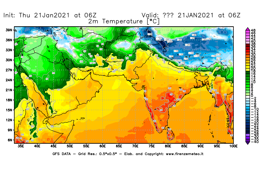 Mappa di analisi GFS - Temperatura a 2 metri dal suolo [°C] in Asia Sud-Occidentale
							del 21/01/2021 06 <!--googleoff: index-->UTC<!--googleon: index-->