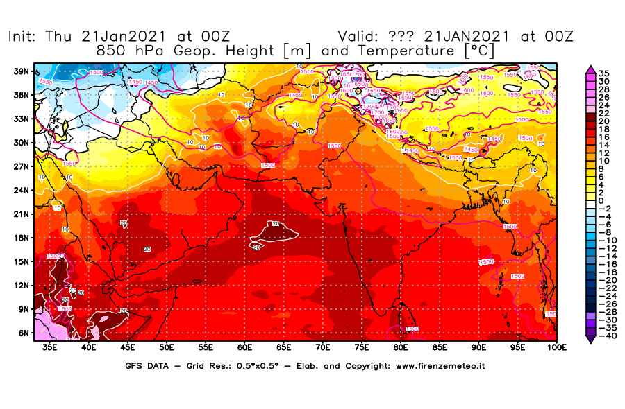 Mappa di analisi GFS - Geopotenziale [m] e Temperatura [°C] a 850 hPa in Asia Sud-Occidentale
							del 21/01/2021 00 <!--googleoff: index-->UTC<!--googleon: index-->