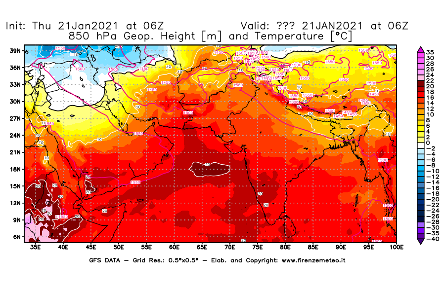 Mappa di analisi GFS - Geopotenziale [m] e Temperatura [°C] a 850 hPa in Asia Sud-Occidentale
							del 21/01/2021 06 <!--googleoff: index-->UTC<!--googleon: index-->