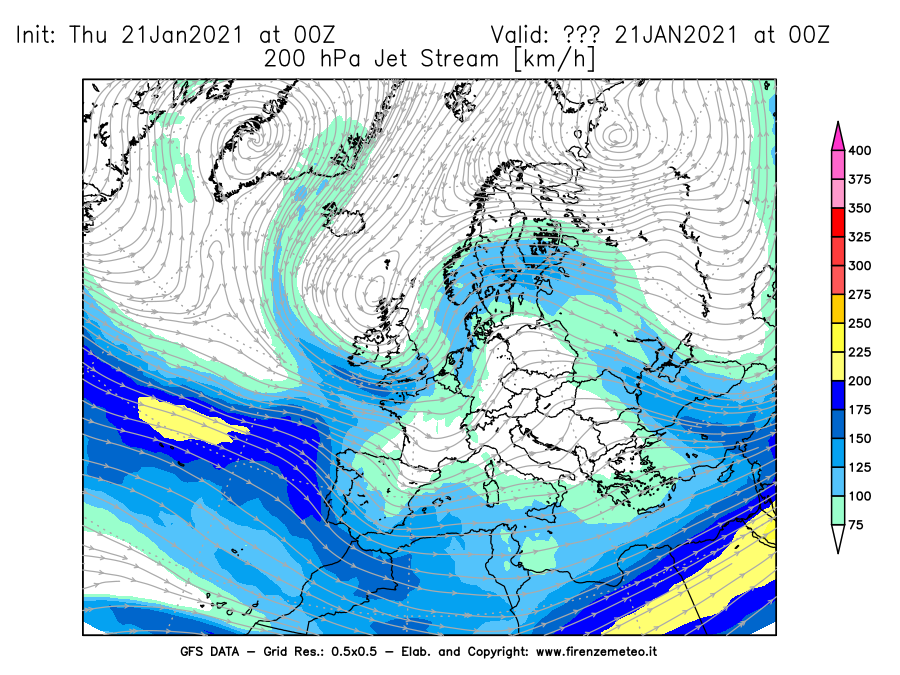Mappa di analisi GFS - Jet Stream a 200 hPa in Europa
							del 21/01/2021 00 <!--googleoff: index-->UTC<!--googleon: index-->