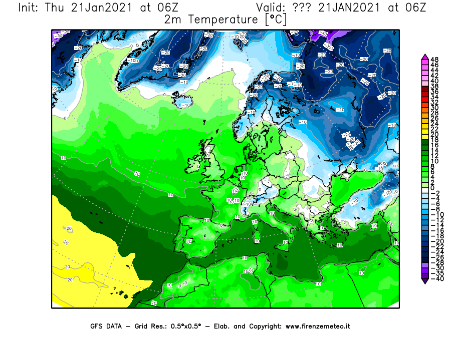 Mappa di analisi GFS - Temperatura a 2 metri dal suolo [°C] in Europa
							del 21/01/2021 06 <!--googleoff: index-->UTC<!--googleon: index-->