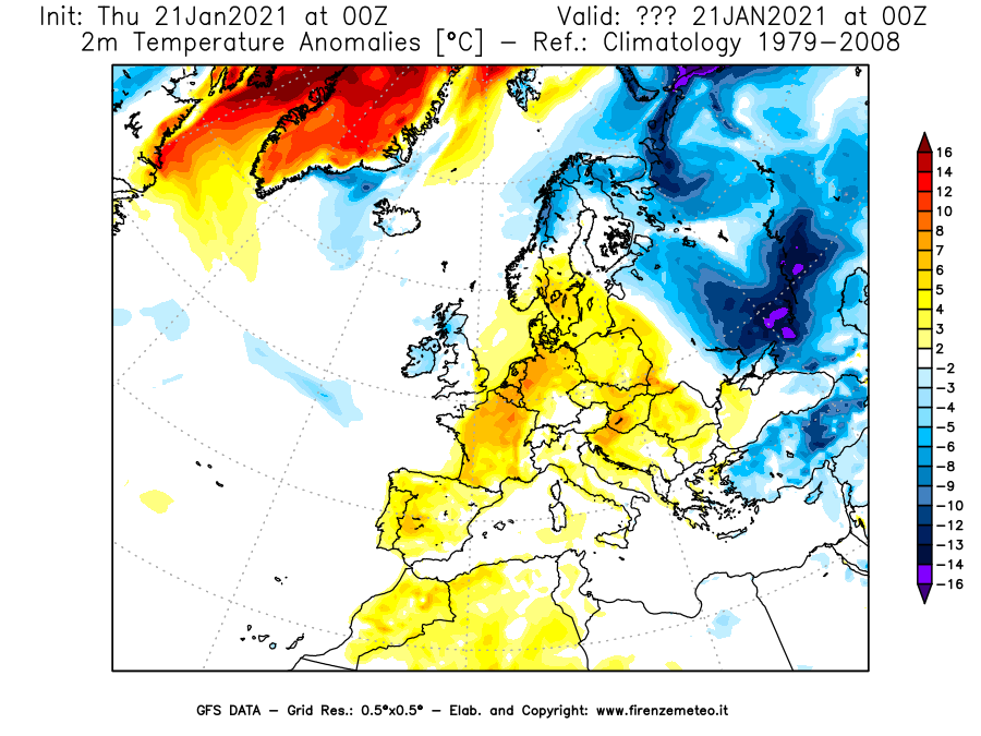 Mappa di analisi GFS - Anomalia Temperatura [°C] a 2 m in Europa
							del 21/01/2021 00 <!--googleoff: index-->UTC<!--googleon: index-->