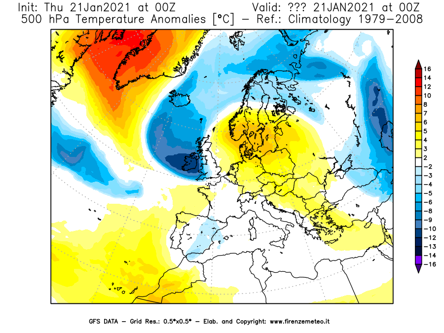 Mappa di analisi GFS - Anomalia Temperatura [°C] a 500 hPa in Europa
							del 21/01/2021 00 <!--googleoff: index-->UTC<!--googleon: index-->