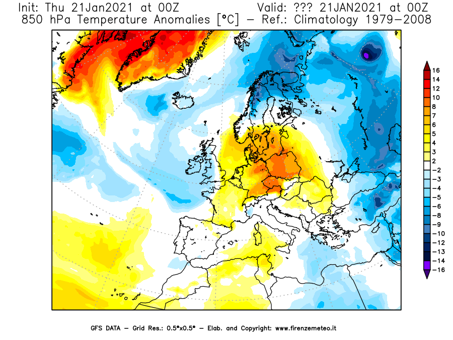 Mappa di analisi GFS - Anomalia Temperatura [°C] a 850 hPa in Europa
							del 21/01/2021 00 <!--googleoff: index-->UTC<!--googleon: index-->