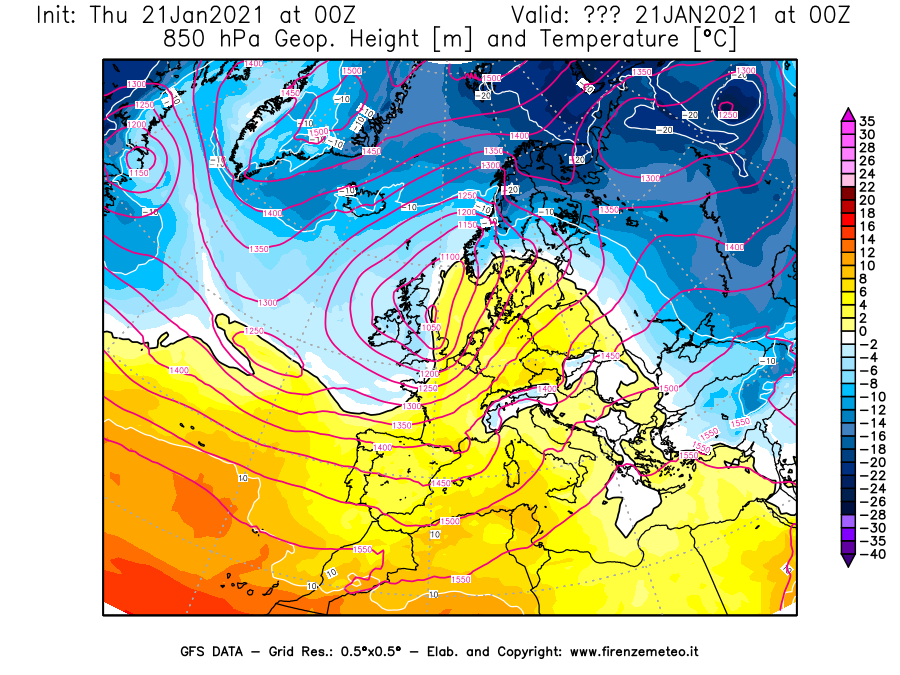 Mappa di analisi GFS - Geopotenziale [m] e Temperatura [°C] a 850 hPa in Europa
							del 21/01/2021 00 <!--googleoff: index-->UTC<!--googleon: index-->