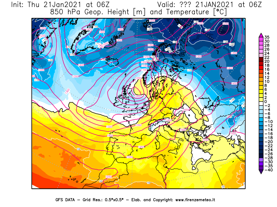 Mappa di analisi GFS - Geopotenziale [m] e Temperatura [°C] a 850 hPa in Europa
							del 21/01/2021 06 <!--googleoff: index-->UTC<!--googleon: index-->