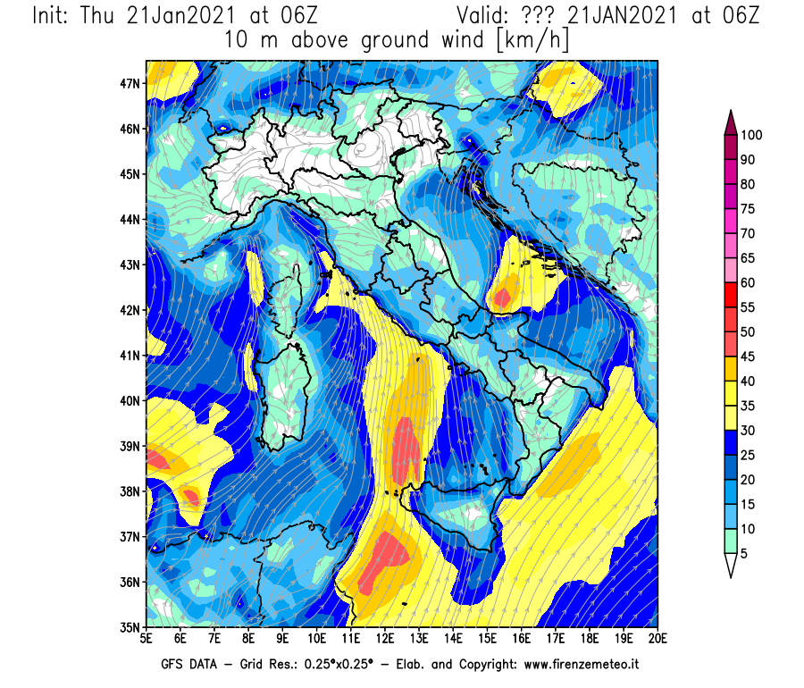 Mappa di analisi GFS - Velocità del vento a 10 metri dal suolo [km/h] in Italia
							del 21/01/2021 06 <!--googleoff: index-->UTC<!--googleon: index-->