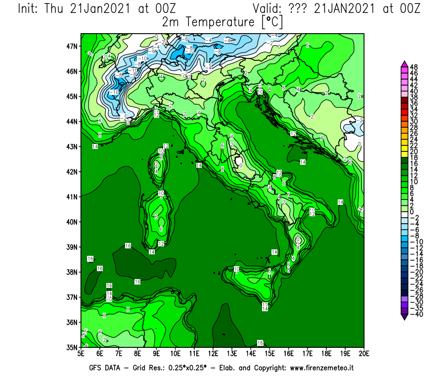 Mappa di analisi GFS - Temperatura a 2 metri dal suolo [°C] in Italia
							del 21/01/2021 00 <!--googleoff: index-->UTC<!--googleon: index-->