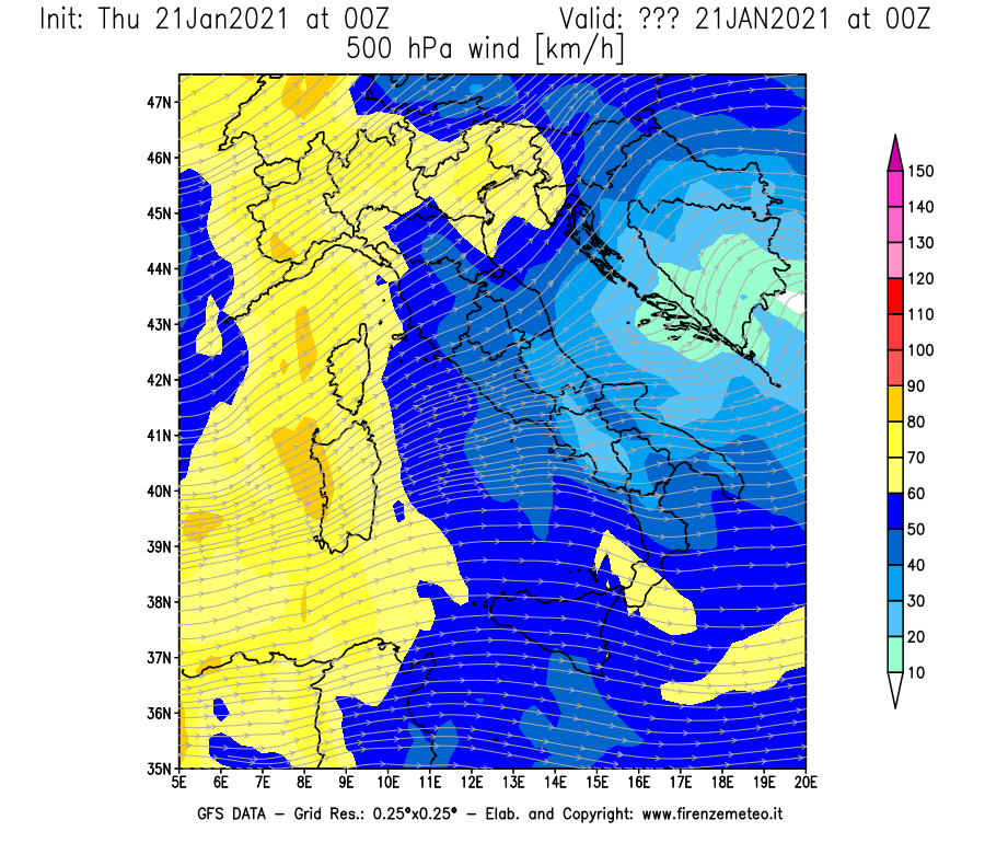 Mappa di analisi GFS - Velocità del vento a 500 hPa [km/h] in Italia
							del 21/01/2021 00 <!--googleoff: index-->UTC<!--googleon: index-->