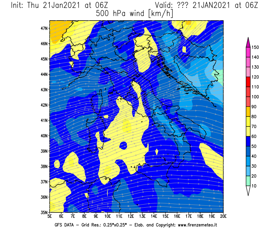 Mappa di analisi GFS - Velocità del vento a 500 hPa [km/h] in Italia
							del 21/01/2021 06 <!--googleoff: index-->UTC<!--googleon: index-->