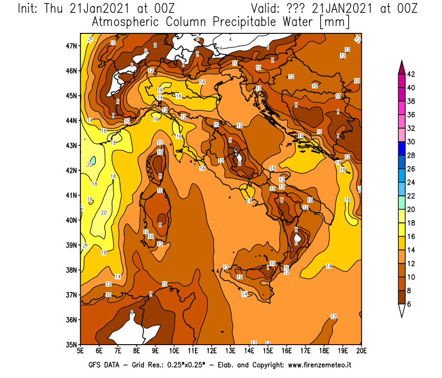 Mappa di analisi GFS - Precipitable Water [mm] in Italia
							del 21/01/2021 00 <!--googleoff: index-->UTC<!--googleon: index-->