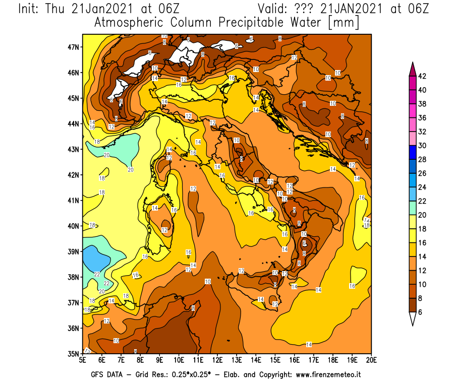 Mappa di analisi GFS - Precipitable Water [mm] in Italia
							del 21/01/2021 06 <!--googleoff: index-->UTC<!--googleon: index-->