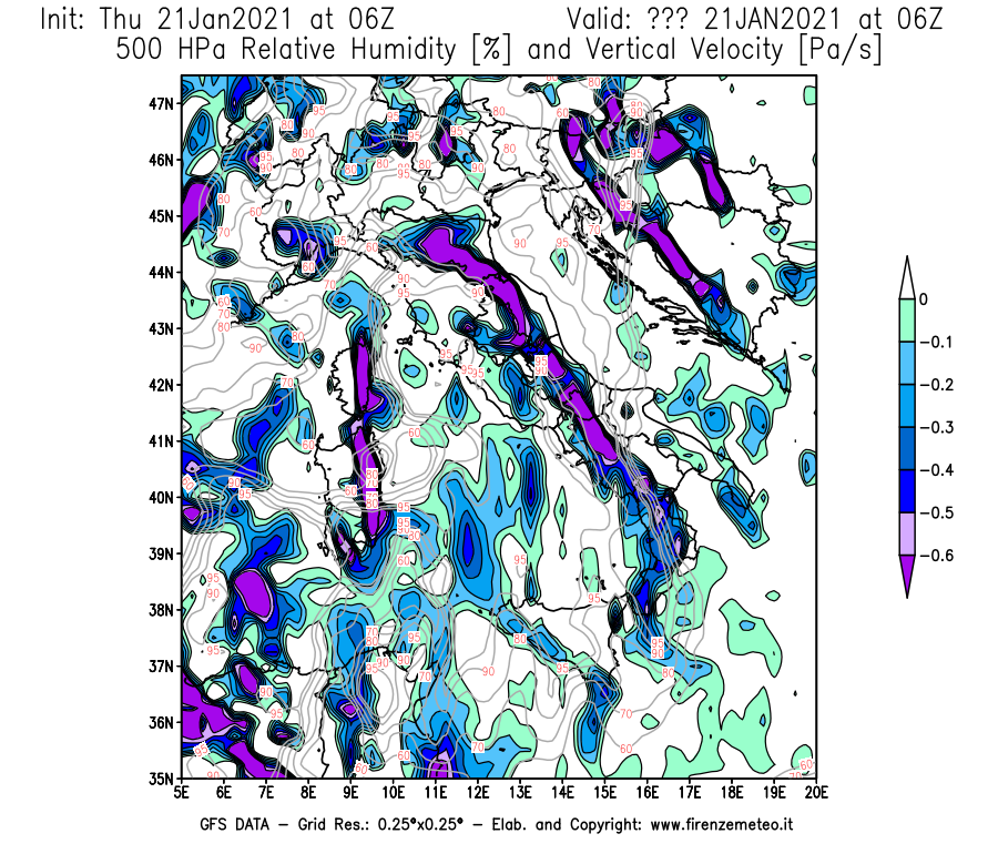 Mappa di analisi GFS - Umidità relativa [%] e Omega [Pa/s] a 500 hPa in Italia
							del 21/01/2021 06 <!--googleoff: index-->UTC<!--googleon: index-->