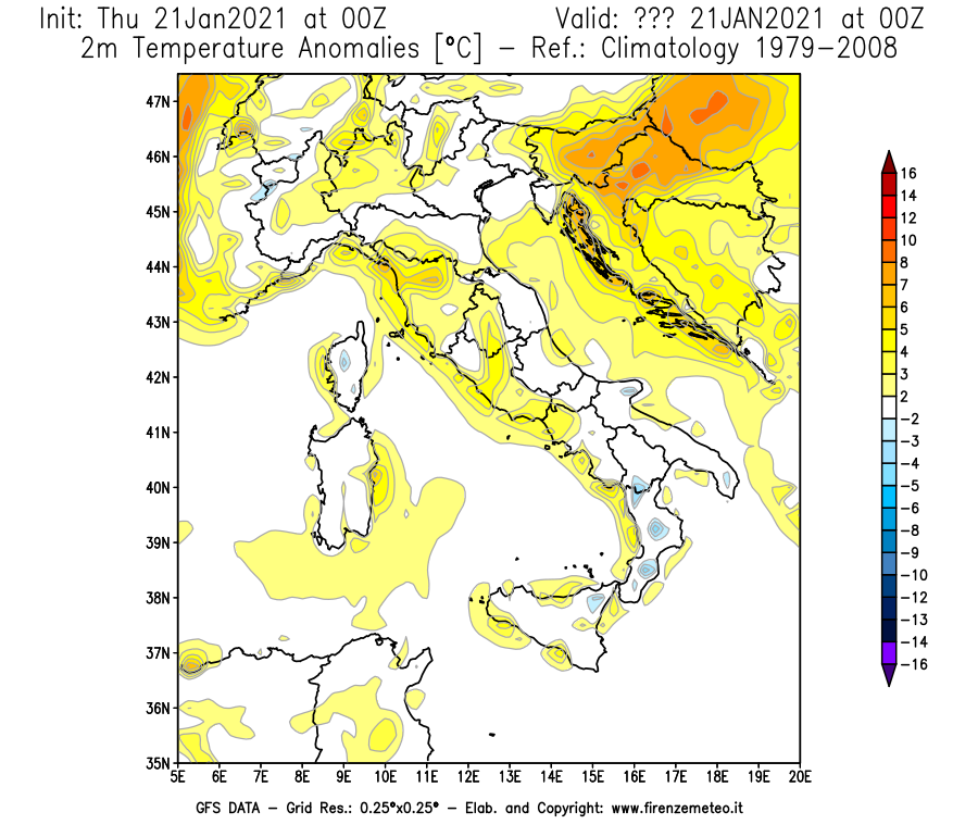 Mappa di analisi GFS - Anomalia Temperatura [°C] a 2 m in Italia
							del 21/01/2021 00 <!--googleoff: index-->UTC<!--googleon: index-->