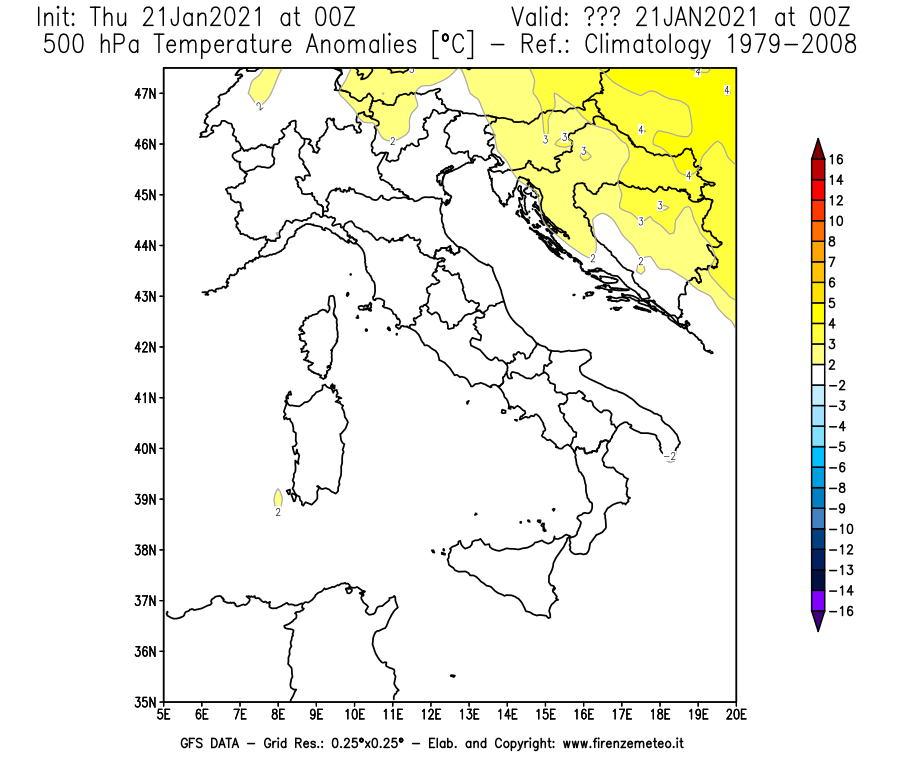 Mappa di analisi GFS - Anomalia Temperatura [°C] a 500 hPa in Italia
							del 21/01/2021 00 <!--googleoff: index-->UTC<!--googleon: index-->