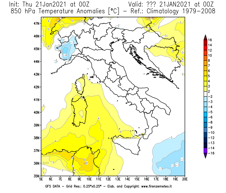 Mappa di analisi GFS - Anomalia Temperatura [°C] a 850 hPa in Italia
							del 21/01/2021 00 <!--googleoff: index-->UTC<!--googleon: index-->