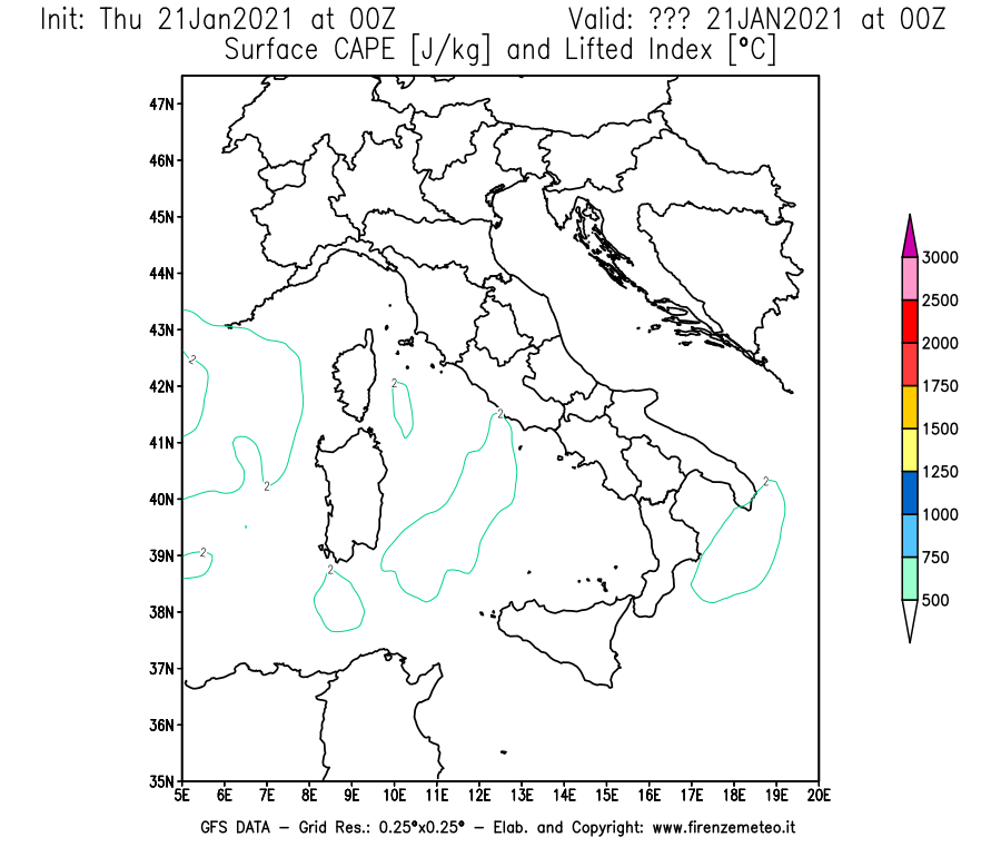 Mappa di analisi GFS - CAPE [J/kg] e Lifted Index [°C] in Italia
							del 21/01/2021 00 <!--googleoff: index-->UTC<!--googleon: index-->
