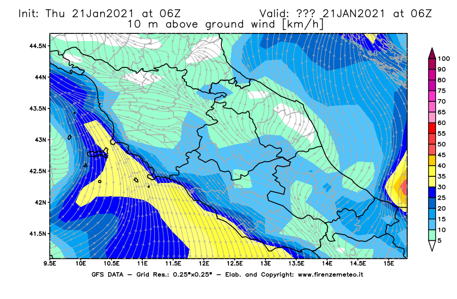 Mappa di analisi GFS - Velocità del vento a 10 metri dal suolo [km/h] in Centro-Italia
							del 21/01/2021 06 <!--googleoff: index-->UTC<!--googleon: index-->
