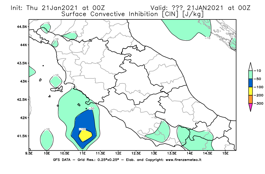 Mappa di analisi GFS - CIN [J/kg] in Centro-Italia
							del 21/01/2021 00 <!--googleoff: index-->UTC<!--googleon: index-->