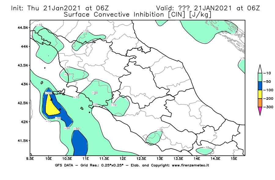 Mappa di analisi GFS - CIN [J/kg] in Centro-Italia
							del 21/01/2021 06 <!--googleoff: index-->UTC<!--googleon: index-->
