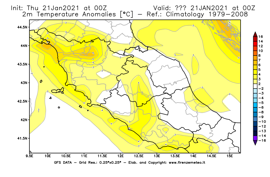 Mappa di analisi GFS - Anomalia Temperatura [°C] a 2 m in Centro-Italia
							del 21/01/2021 00 <!--googleoff: index-->UTC<!--googleon: index-->