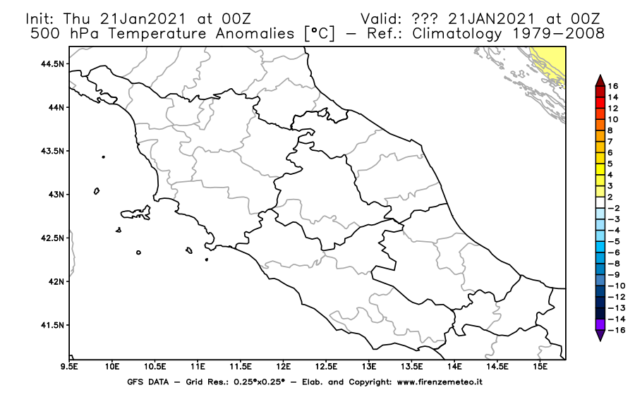 Mappa di analisi GFS - Anomalia Temperatura [°C] a 500 hPa in Centro-Italia
							del 21/01/2021 00 <!--googleoff: index-->UTC<!--googleon: index-->