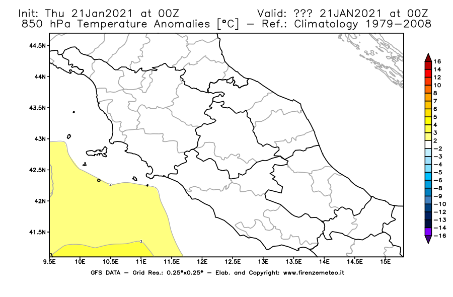 Mappa di analisi GFS - Anomalia Temperatura [°C] a 850 hPa in Centro-Italia
							del 21/01/2021 00 <!--googleoff: index-->UTC<!--googleon: index-->