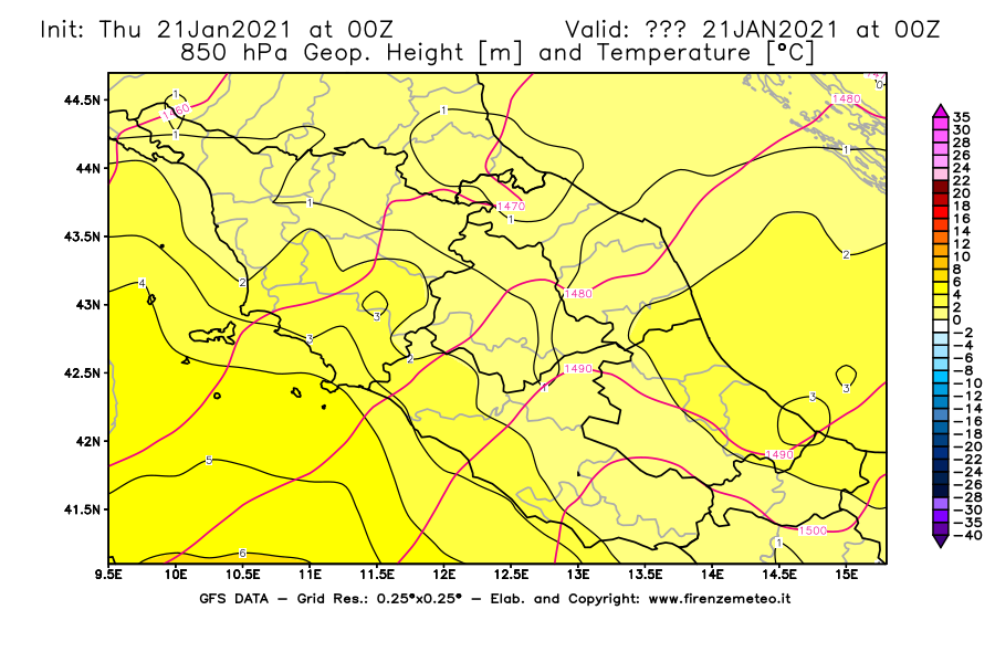 Mappa di analisi GFS - Geopotenziale [m] e Temperatura [°C] a 850 hPa in Centro-Italia
							del 21/01/2021 00 <!--googleoff: index-->UTC<!--googleon: index-->