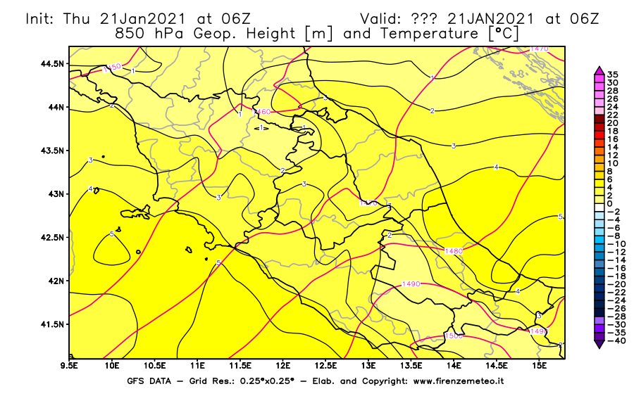 Mappa di analisi GFS - Geopotenziale [m] e Temperatura [°C] a 850 hPa in Centro-Italia
							del 21/01/2021 06 <!--googleoff: index-->UTC<!--googleon: index-->